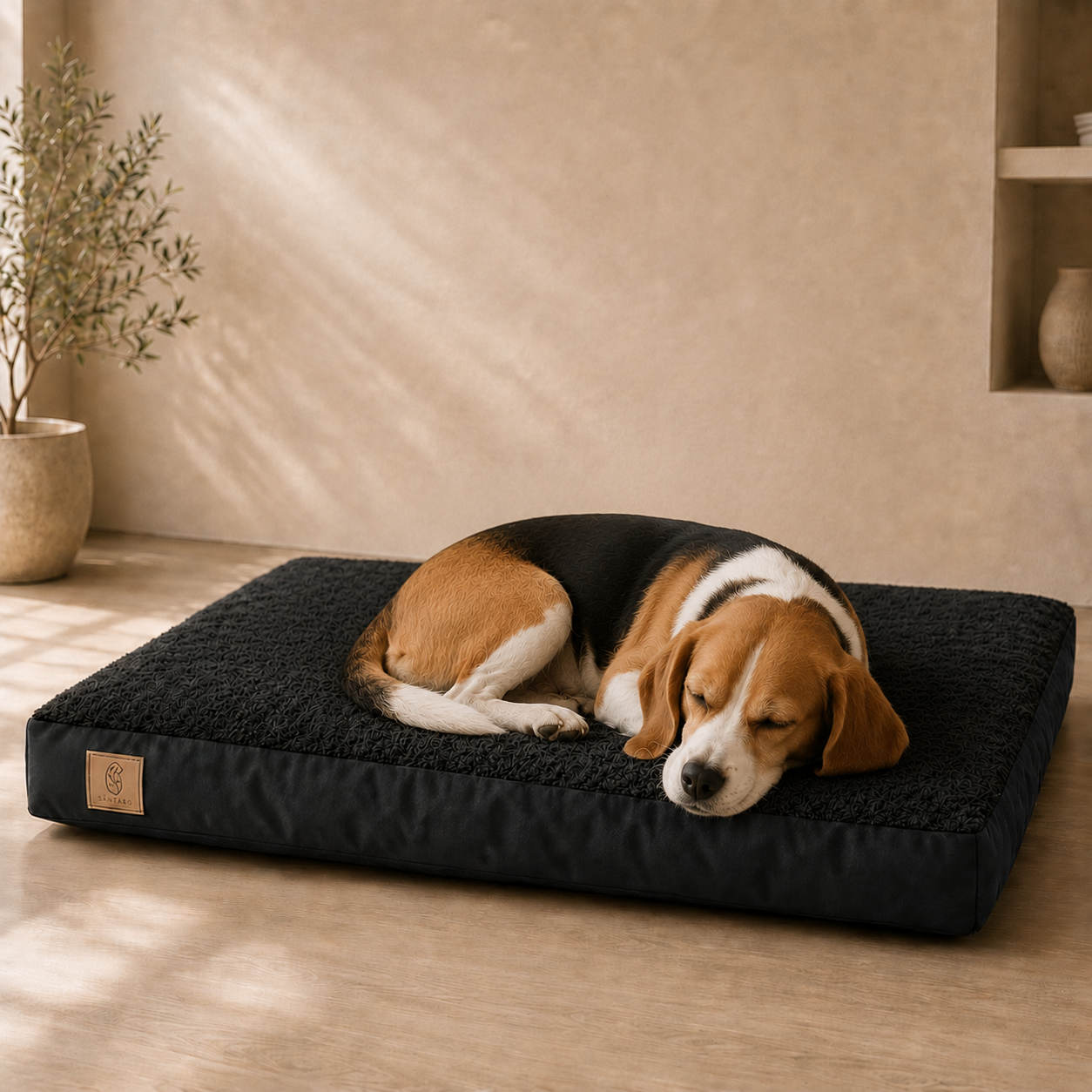 Perro descansando en la cama colchoneta negra